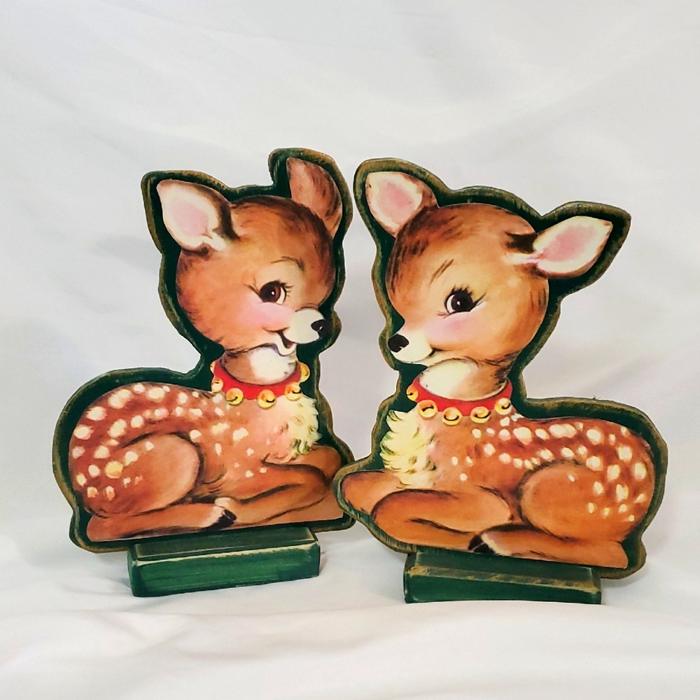 Vintage PostCard Cut-Out Christmas  Decor Left/Right Facing Wooden Fawn Charming